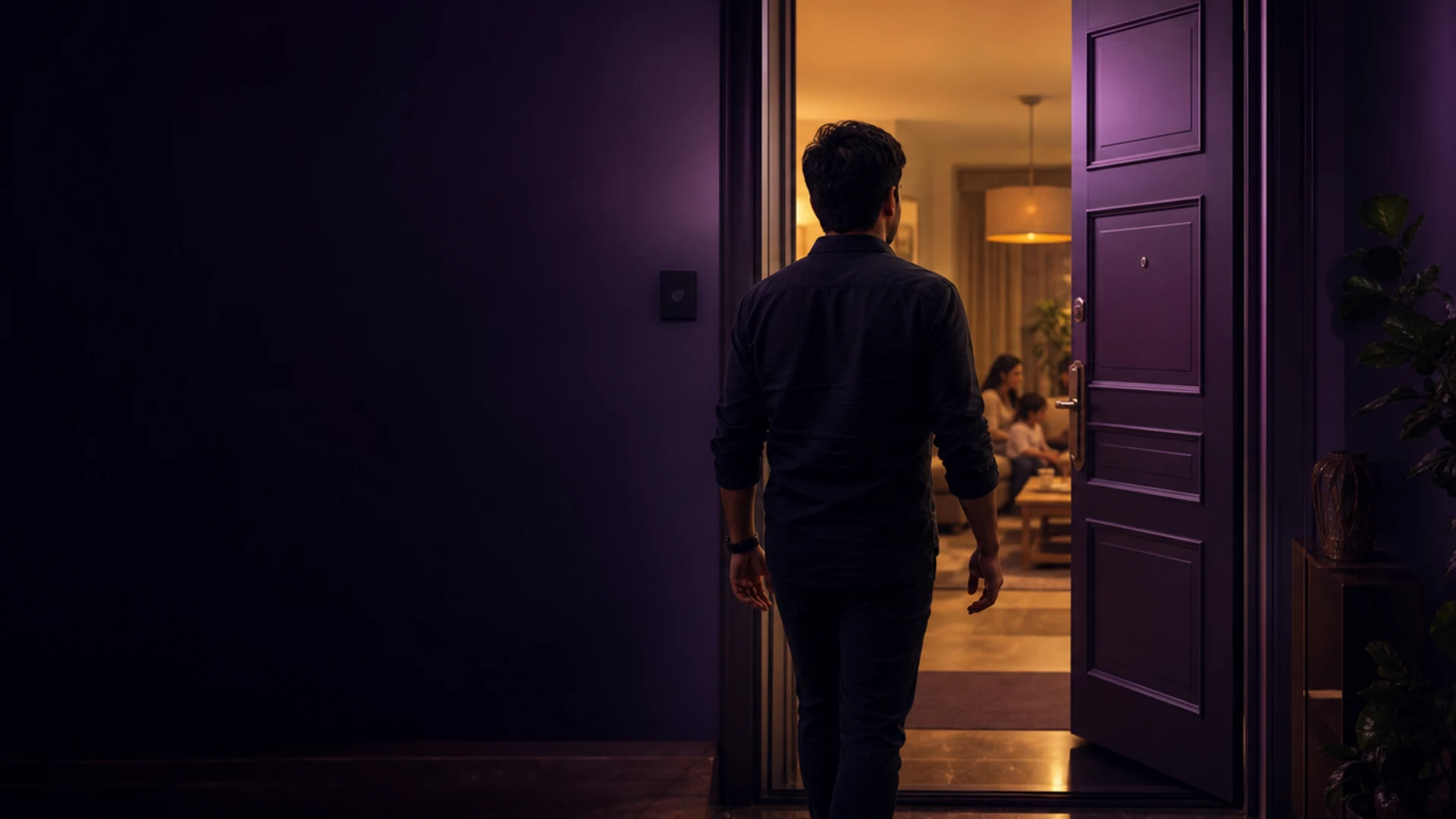 A man approaching an open doorway into a warmly lit home